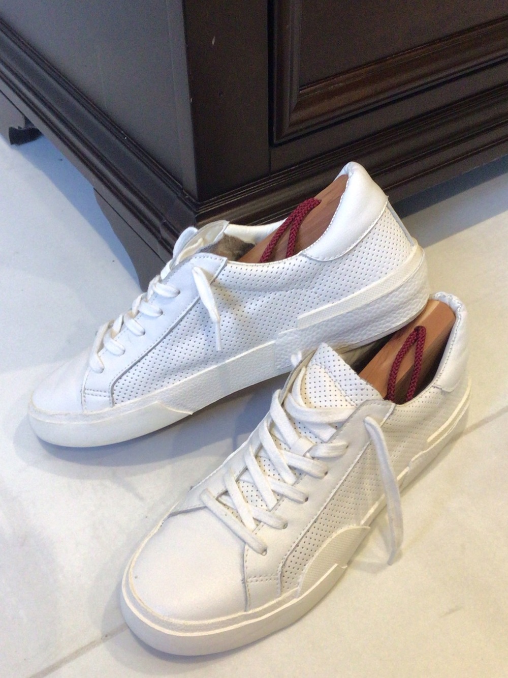 Dolce Vita White  Perforated Leather Sneakers with Maroon Heel Tab